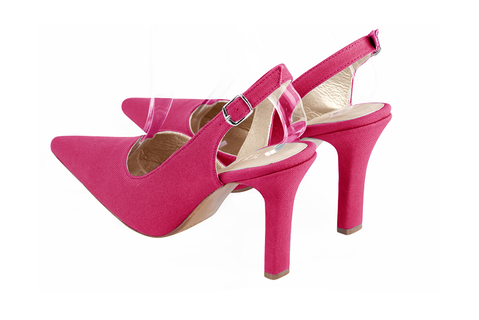 Chaussure femme à brides :  couleur rose fuchsia. Bout pointu. Talon très haut fin. Vue arrière - Florence KOOIJMAN