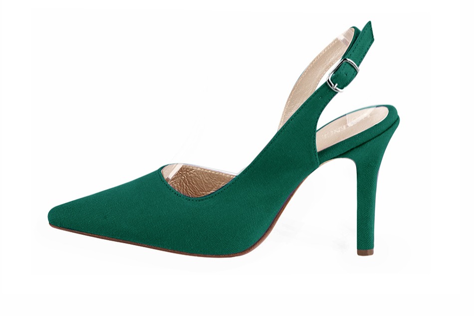 Chaussure femme à brides :  couleur vert émeraude. Bout pointu. Talon très haut fin. Vue de profil - Florence KOOIJMAN