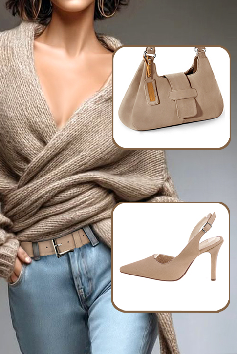 Escarpins bride arrière beige biscuit. Bout pointu. Talon fin de 9.5 cm - Vue porté