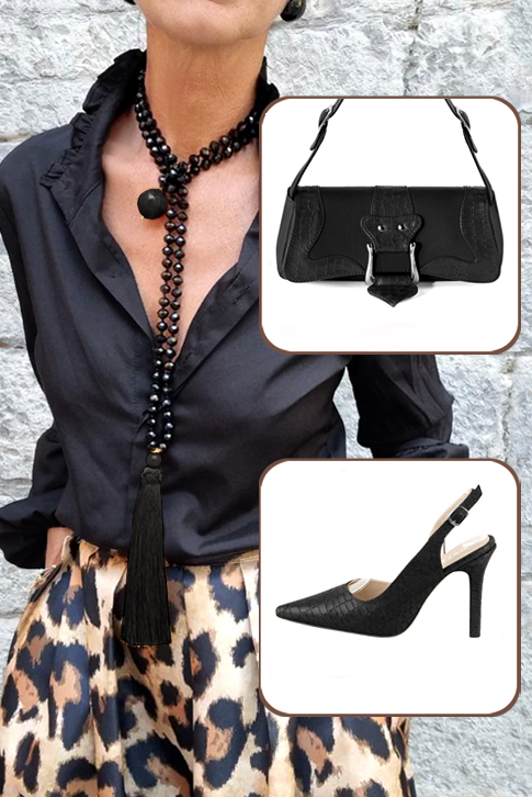 Escarpins bride arrière noir satiné. Bout pointu. Talon fin de 9.5 cm - Vue du dessus