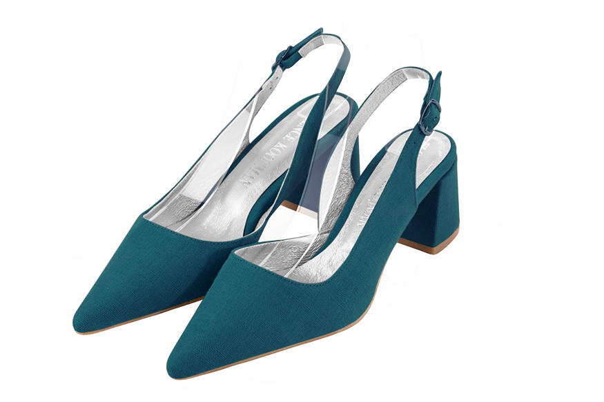 , coloris bleu canard. Bout pointu. Mi-haut à haut. Talon évasé. Cérémonie, soirée, cocktail, évènementiel. Personnalisation : Choix des cuirs, 
                des couleurs et des talons. Petites et grandes pointures. - Florence KOOIJMAN