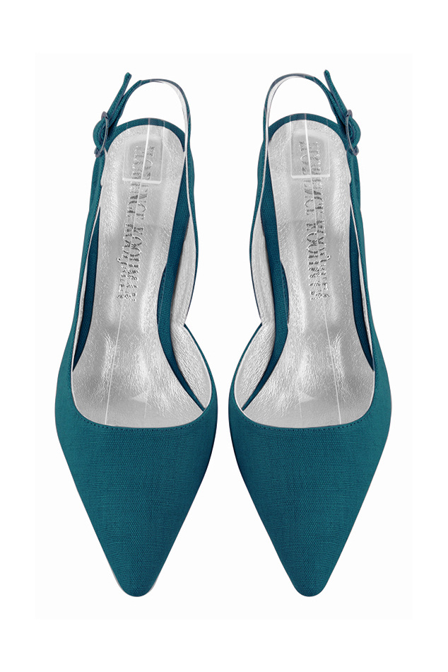 Chaussure femme à brides :  couleur bleu canard. Bout pointu. Talon mi-haut évasé. Vue du dessus - Florence KOOIJMAN