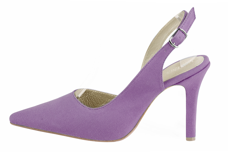 Chaussure femme à brides :  couleur violet améthyste. Bout pointu. Talon haut fin. Vue de profil - Florence KOOIJMAN