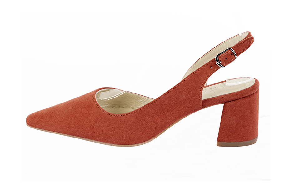 Chaussure femme à brides :  couleur orange corail. Bout pointu. Talon mi-haut évasé. Vue de profil - Florence KOOIJMAN