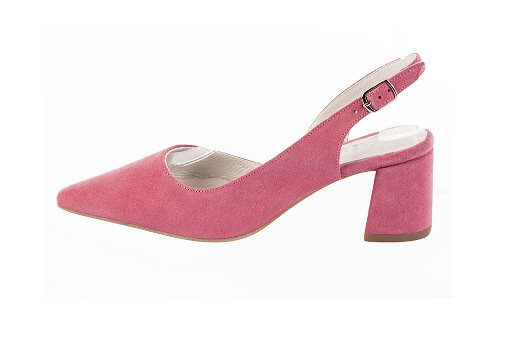 Chaussure femme à brides :  couleur rose camélia. Bout pointu. Talon mi-haut évasé. Vue de profil - Florence KOOIJMAN