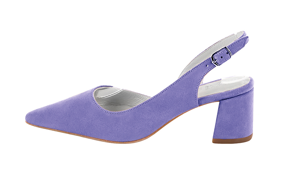 Chaussure femme à brides :  couleur violet lavande. Bout pointu. Talon mi-haut évasé. Vue de profil - Florence KOOIJMAN