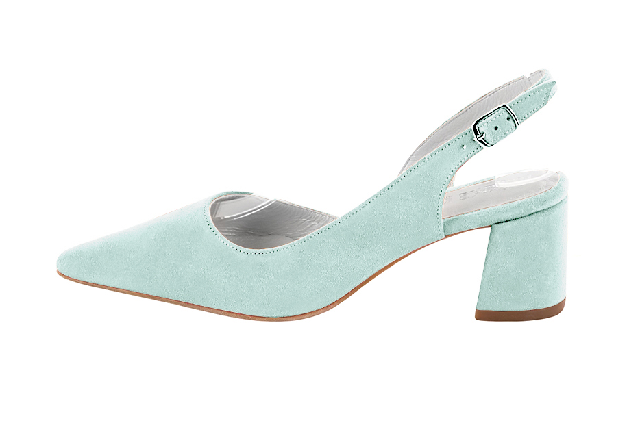 Chaussure femme à brides :  couleur bleu lagon. Bout pointu. Talon mi-haut évasé. Vue de profil - Florence KOOIJMAN