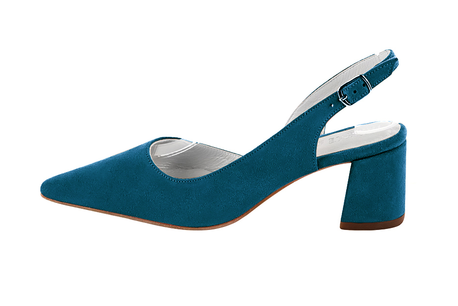 Chaussure femme à brides :  couleur bleu canard. Bout pointu. Talon mi-haut évasé. Vue de profil - Florence KOOIJMAN