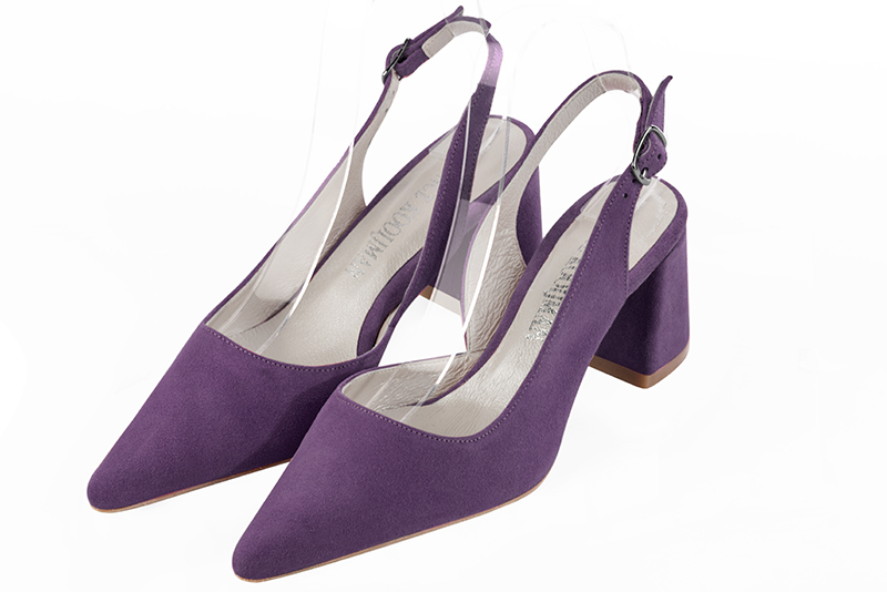 Chaussure femme à brides :  couleur violet améthyste. Bout pointu. Talon mi-haut évasé Vue avant - Florence KOOIJMAN