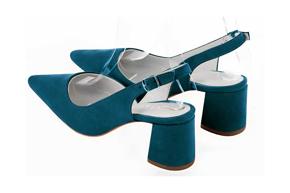 Chaussure femme à brides :  couleur bleu canard. Bout pointu. Talon mi-haut évasé. Vue arrière - Florence KOOIJMAN