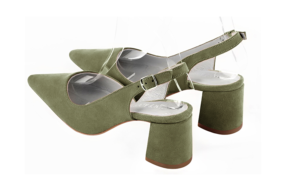Chaussure femme à brides :  couleur vert kaki. Bout pointu. Talon mi-haut évasé. Vue arrière - Florence KOOIJMAN
