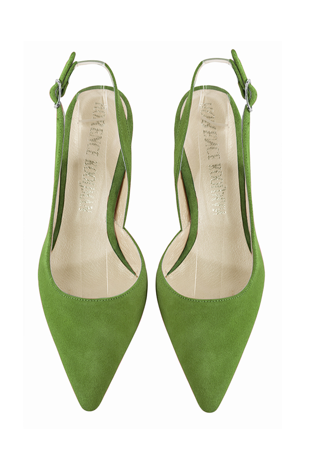 Escarpin :  couleur vert anis. Bout pointu. Talon mi-haut évasé. Vue du dessus - Florence KOOIJMAN