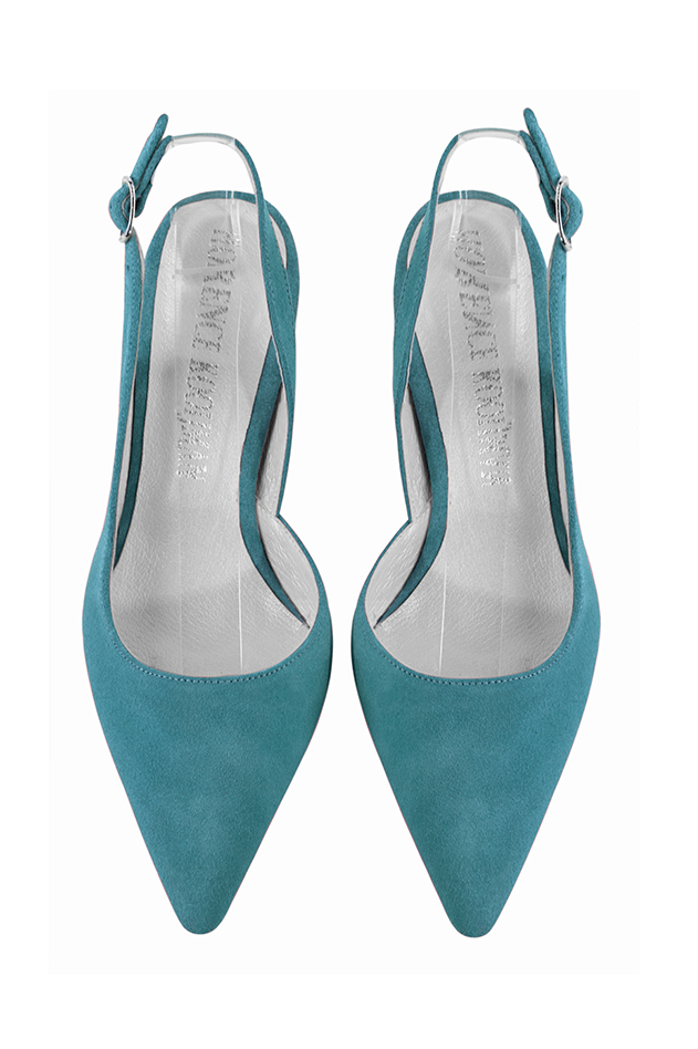 Chaussure femme à brides :  couleur bleu canard. Bout pointu. Talon mi-haut évasé. Vue du dessus - Florence KOOIJMAN