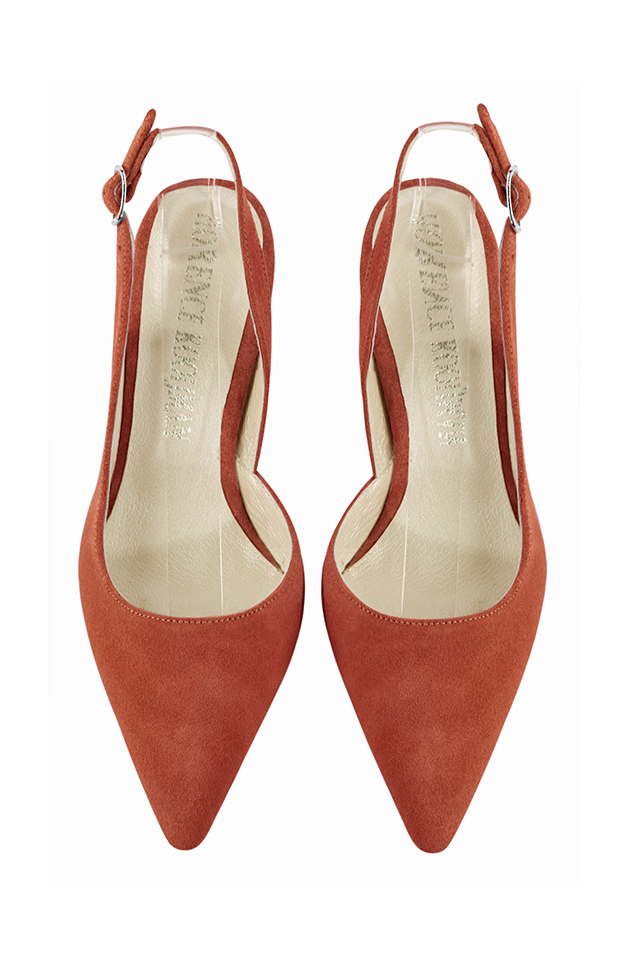 Chaussure femme à brides :  couleur orange corail. Bout pointu. Talon mi-haut évasé. Vue du dessus - Florence KOOIJMAN