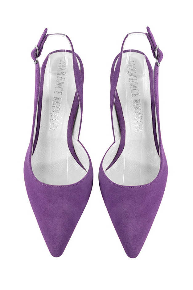 Chaussure femme à brides :  couleur violet améthyste. Bout pointu. Talon mi-haut évasé. Vue du dessus - Florence KOOIJMAN