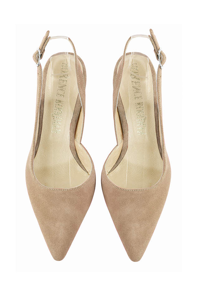 Chaussure femme à brides :  couleur beige sahara. Bout pointu. Talon mi-haut évasé. Vue du dessus - Florence KOOIJMAN