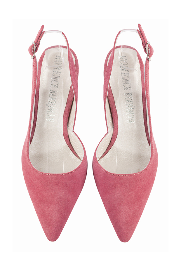 Chaussure femme à brides :  couleur rose camélia. Bout pointu. Talon mi-haut évasé. Vue du dessus - Florence KOOIJMAN