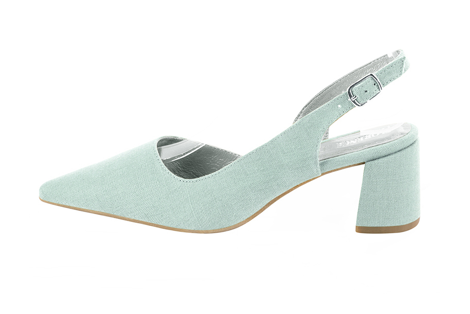 Chaussure femme à brides :  couleur bleu lagon. Bout pointu. Talon mi-haut évasé. Vue de profil - Florence KOOIJMAN