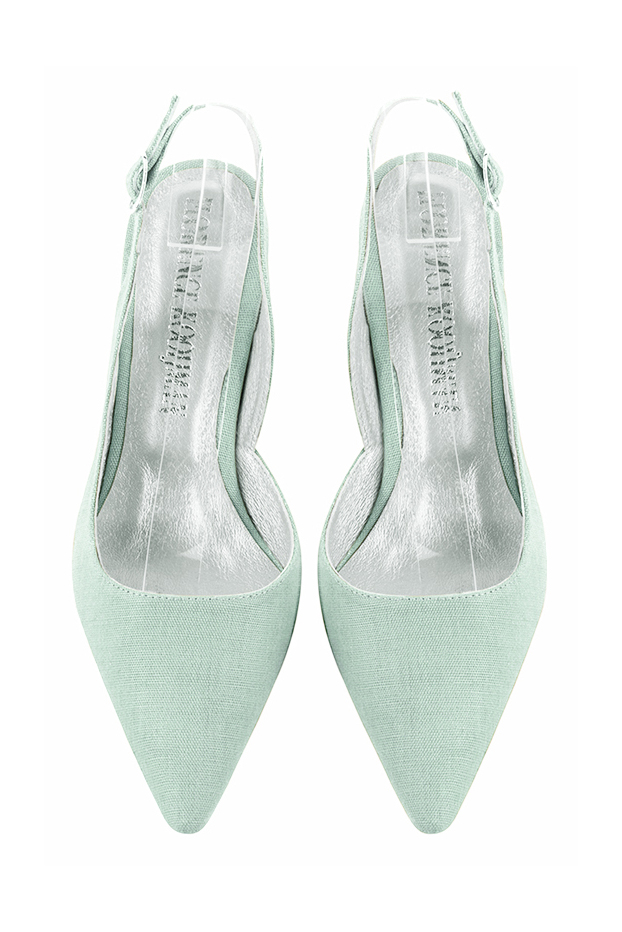 Chaussure femme à brides :  couleur bleu lagon. Bout pointu. Talon mi-haut évasé. Vue du dessus - Florence KOOIJMAN