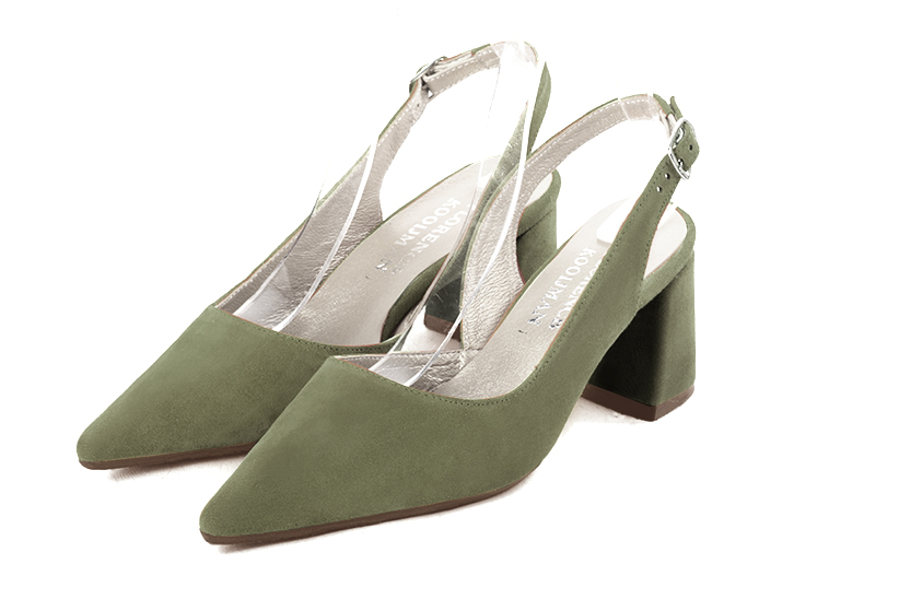 Chaussure femme à brides :  couleur vert kaki. Bout pointu. Talon mi-haut évasé Vue avant - Florence KOOIJMAN