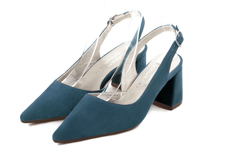 , coloris bleu canard. Bout pointu. Mi-haut à haut. Talon évasé. Cérémonie, soirée, cocktail, évènementiel. Personnalisation : Choix des cuirs, 
                des couleurs et des talons. Petites et grandes pointures. - Florence KOOIJMAN
