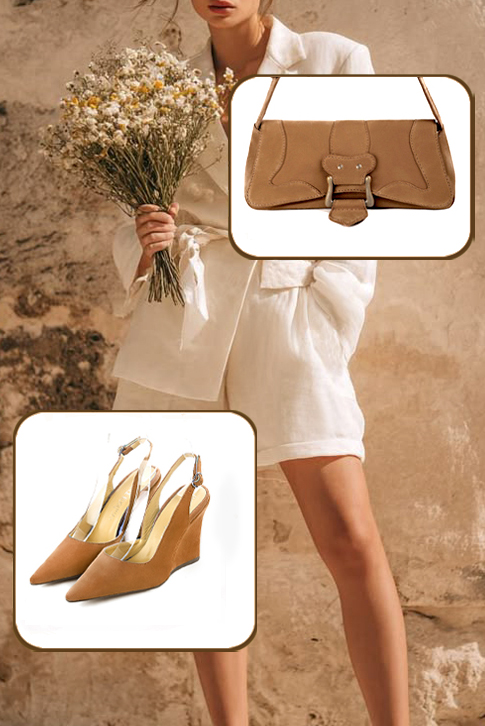 Escarpins habillés bride arrière cuir beige camel à talon compensé de 9.5 cm et bout pointu - Vue porté