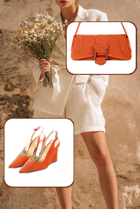 Escarpins habillés bride arrière en cuir orange clémentine à talon compensé de 9.5 cm et bout pointu - Vue porté