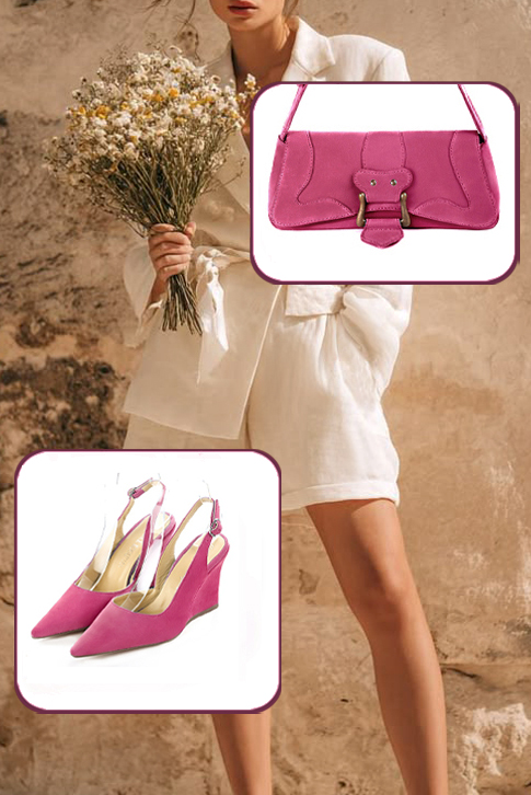 Escarpins habillés bride arrière en cuir rose fuchsia à talon compensé de 8 cm et bout pointu - Vue porté