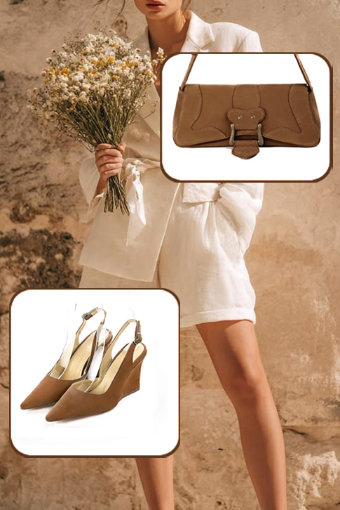 Escarpins habillés bride arrière en cuir marron caramel à talon compensé de 8 cm et bout pointu - Vue porté