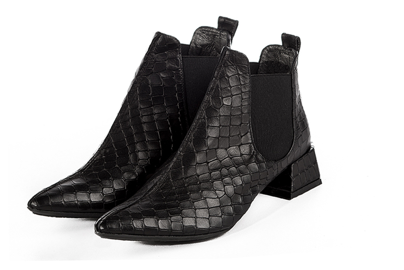 Bottines femme avec des élastiques noir satiné et noir mat. Bout effilé. Talon évasé de 3.5 cm - Vue avant