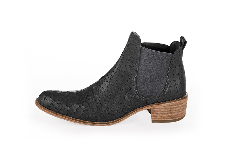 Bottines élégantes et raffinées avec des élastiques sur les côtés, coloris gris acier. Bout rond. Semelle cuir mi-haut. Personnalisation : Choix des cuirs, des couleurs et des talons. Cou-de-pied sur mesure. - Florence KOOIJMAN