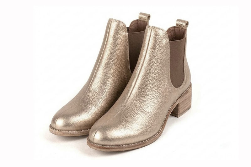 Bottines unies avec des élastiques pour femme en cuir doré et bronze avec bout rond et semelle en cuir de 4.5 cm - Vue avant
