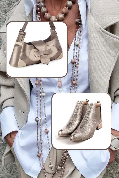 Bottines femme avec des élastiques vieil or et beige mastic. Bout rond. Semelle en cuir de 4.5 cm - Vue du dessus