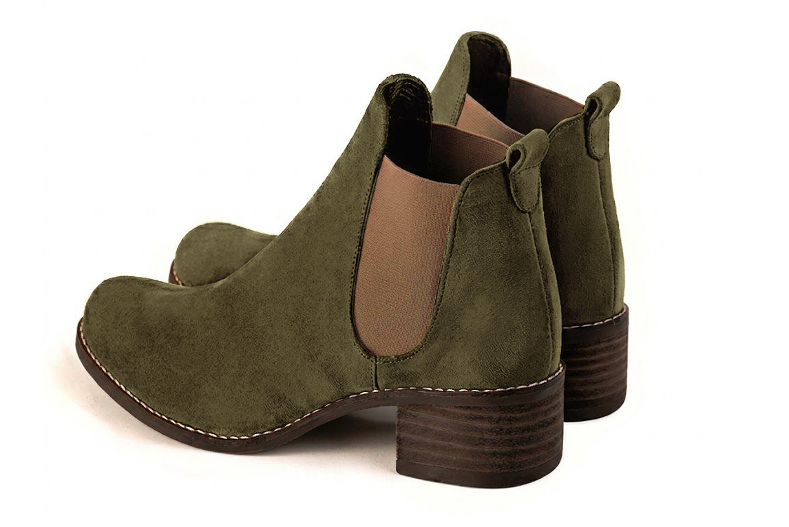 Bottines unies avec des élastiques pour femme en cuir kaki et bronze avec bout rond et semelle en cuir de 4.5 cm - Vue arrière