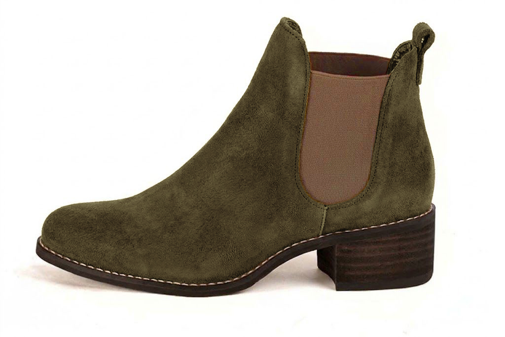 Bottines unies avec des élastiques pour femme en cuir kaki et bronze avec bout rond et semelle en cuir de 4.5 cm - Vue de profil