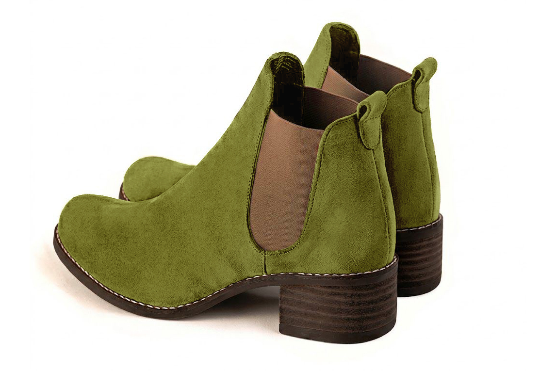 Bottines unies avec des élastiques pour femme en cuir vert pistache et bronze avec bout rond et semelle en cuir de 4.5 cm - Vue arrière