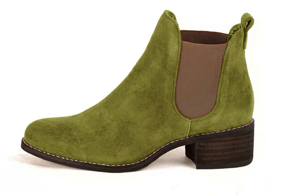 Bottines unies avec des élastiques pour femme en cuir vert pistache et bronze avec bout rond et semelle en cuir de 4.5 cm - Vue de profil