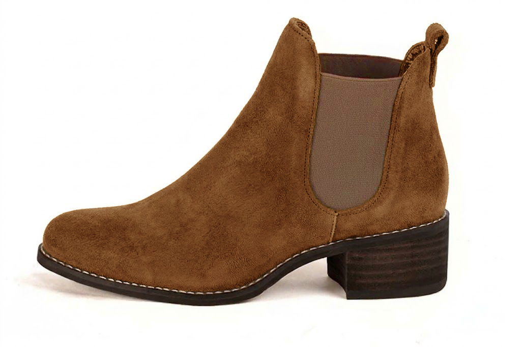 Bottines unies avec des élastiques pour femme en cuir cognac et bronze avec bout rond et semelle en cuir de 4.5 cm - Vue de profil