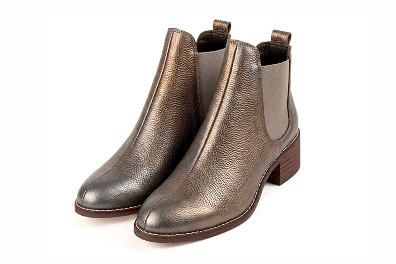 Bottines unies avec des élastiques pour femme en cuir mordoré et bronze avec bout rond et semelle en cuir de 4.5 cm - Vue avant