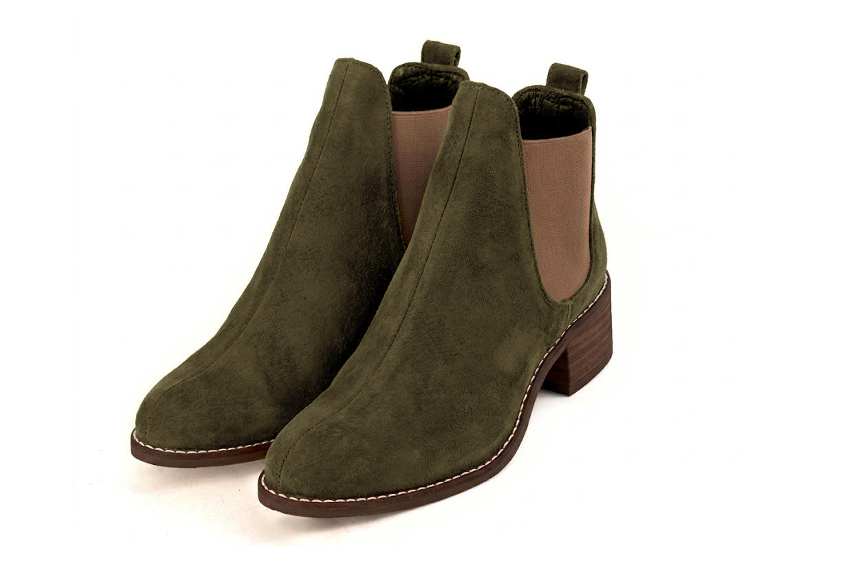 Bottines unies avec des élastiques pour femme en cuir kaki et bronze avec bout rond et semelle en cuir de 4.5 cm - Vue avant