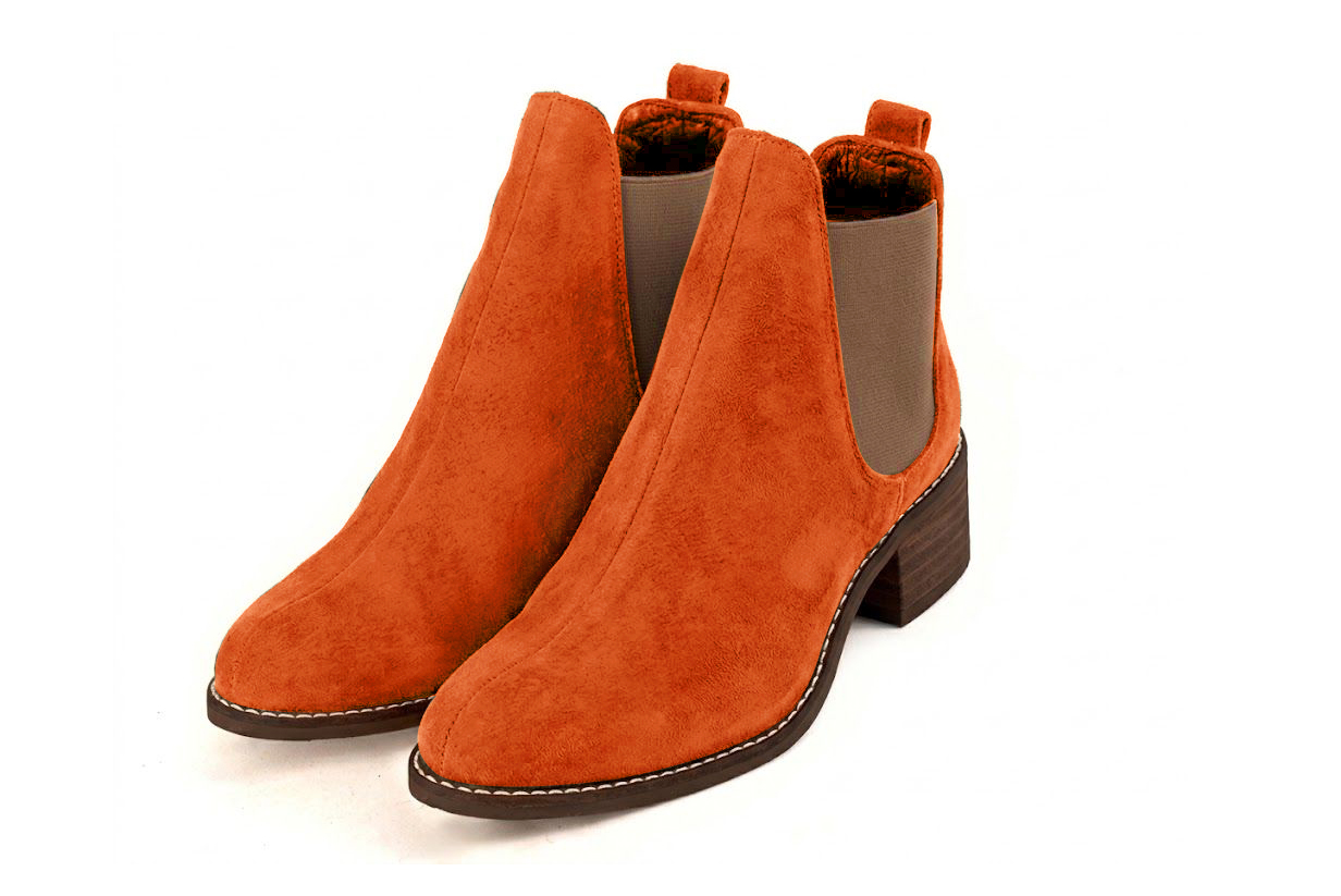 Bottines unies avec des élastiques pour femme en cuir orange avec bout rond et semelle en cuir de 4.5 cm - Vue avant