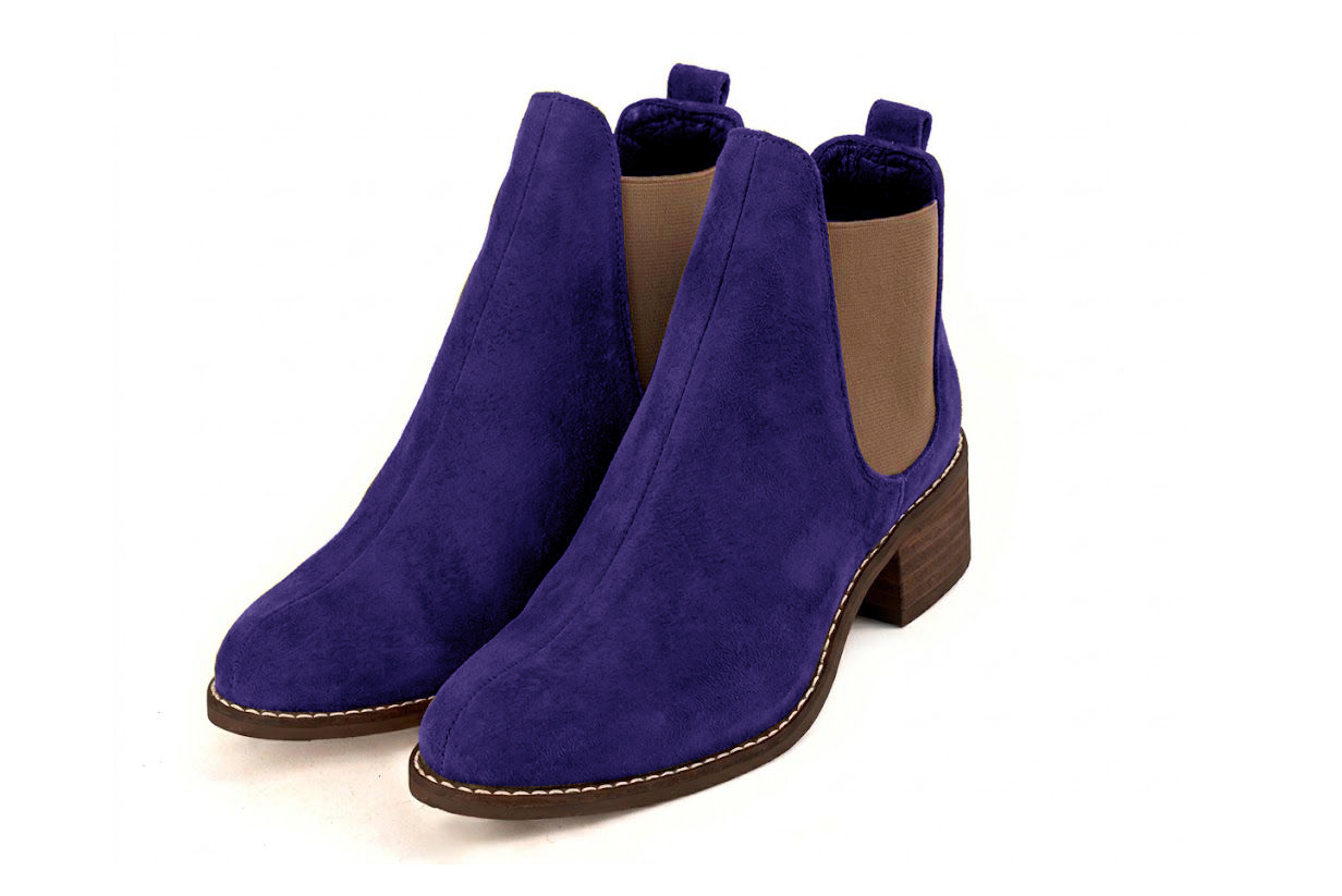 Bottines unies avec des élastiques pour femme en cuir violet et bronze avec bout rond et semelle en cuir de 4.5 cm - Vue avant