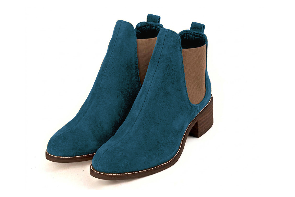 Bottines unies avec des élastiques pour femme en cuir bleu canard et bronze avec bout rond et semelle en cuir de 4.5 cm - Vue avant