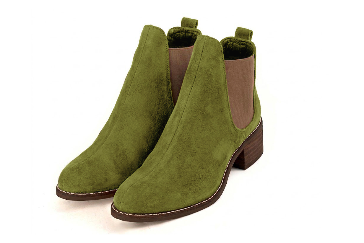Bottines unies avec des élastiques pour femme en cuir vert pistache et bronze avec bout rond et semelle en cuir de 4.5 cm - Vue avant