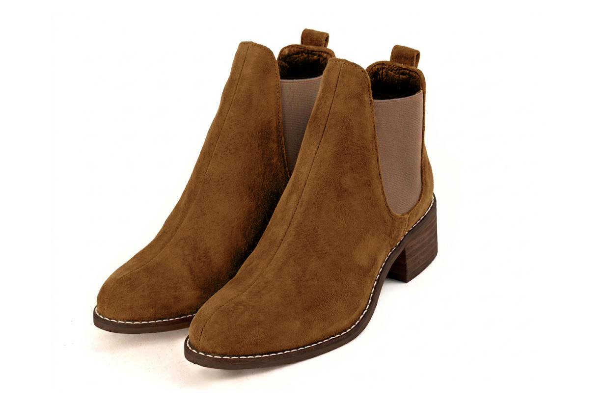Bottines unies avec des élastiques pour femme en cuir cognac et bronze avec bout rond et semelle en cuir de 4.5 cm - Vue avant