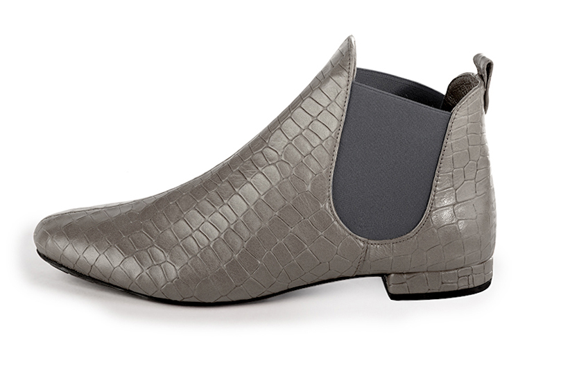 Boots femme : Boots élastiques sur les côtés couleur gris cendre. Bout rond. Talon plat bottier. Vue de profil - Florence KOOIJMAN