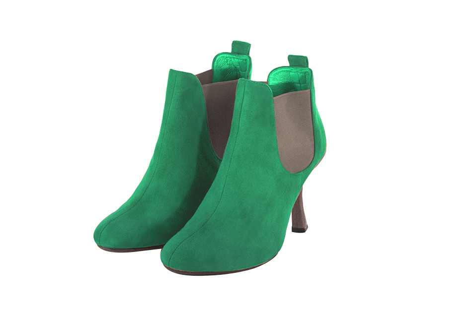 Boots femme : Boots élastiques sur les côtés couleur vert émeraude et marron taupe. Bout rond. Talon haut bobine Vue avant - Florence KOOIJMAN