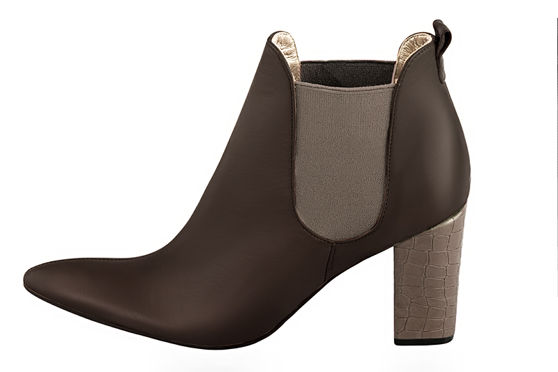 Bottines élégantes et raffinées avec des élastiques sur les côtés, coloris marron ébène et beige mastic. Bout effilé. Haut. Talon bottier. Personnalisation : Choix des cuirs, des couleurs et des talons. Cou-de-pied sur mesure. - Florence KOOIJMAN