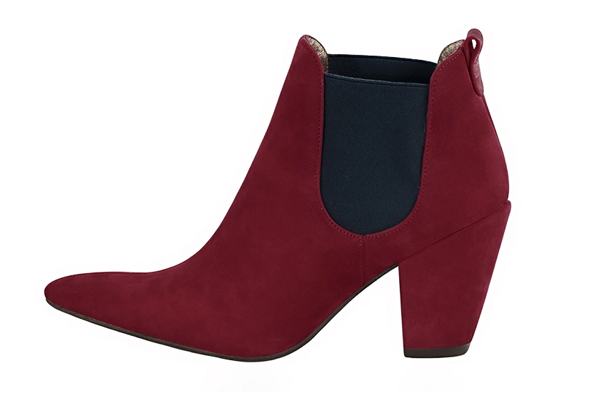 Bottines élégantes et raffinées avec des élastiques sur les côtés, coloris rouge bordeaux et bleu marine. Bout effilé. Haut. Talon conique. Personnalisation : Choix des cuirs, des couleurs et des talons. Cou-de-pied sur mesure. - Florence KOOIJMAN