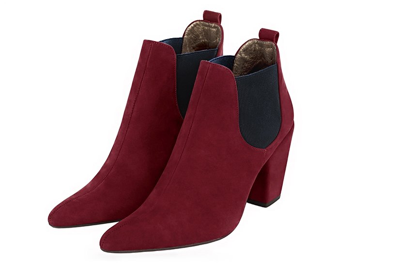 Bottines élégantes et raffinées avec des élastiques sur les côtés, coloris rouge bordeaux et bleu marine. Bout effilé. Haut. Talon conique. Personnalisation : Choix des cuirs, des couleurs et des talons. Cou-de-pied sur mesure. - Florence KOOIJMAN